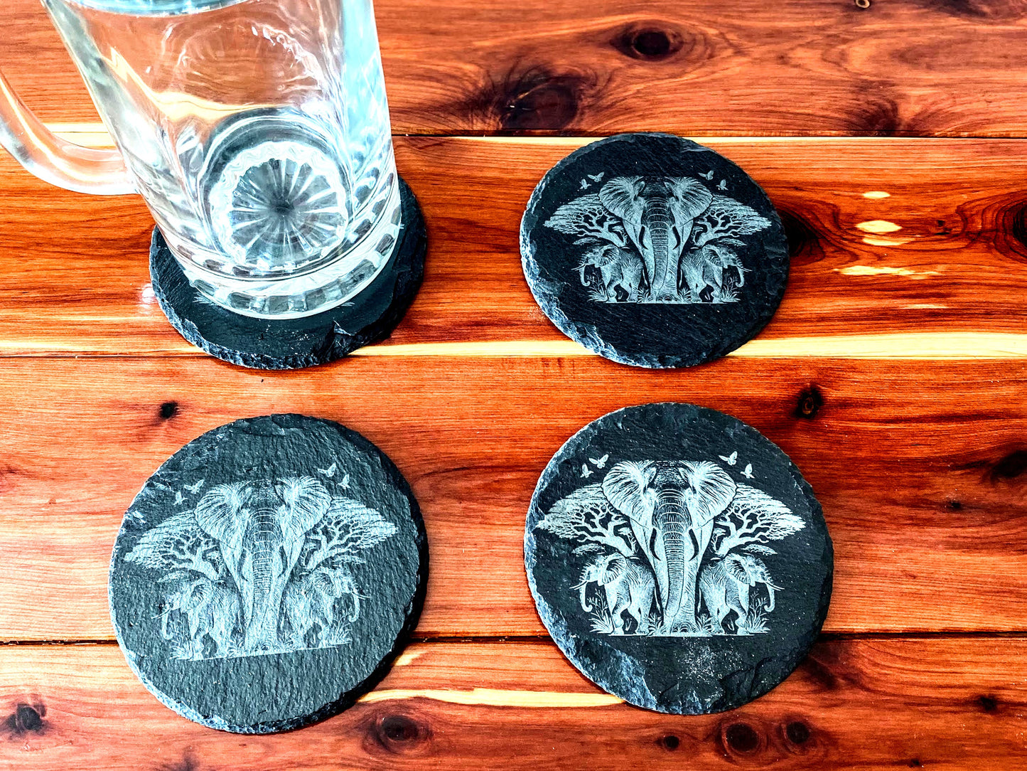 Black Slate Coasters Set - Elephant and Baby Elephants on Side of Big Elephant- Anti-Scratch