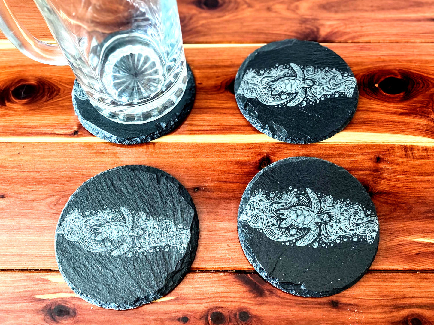 Black Slate Coasters Set - Sea Turtle - Anti-Scratch