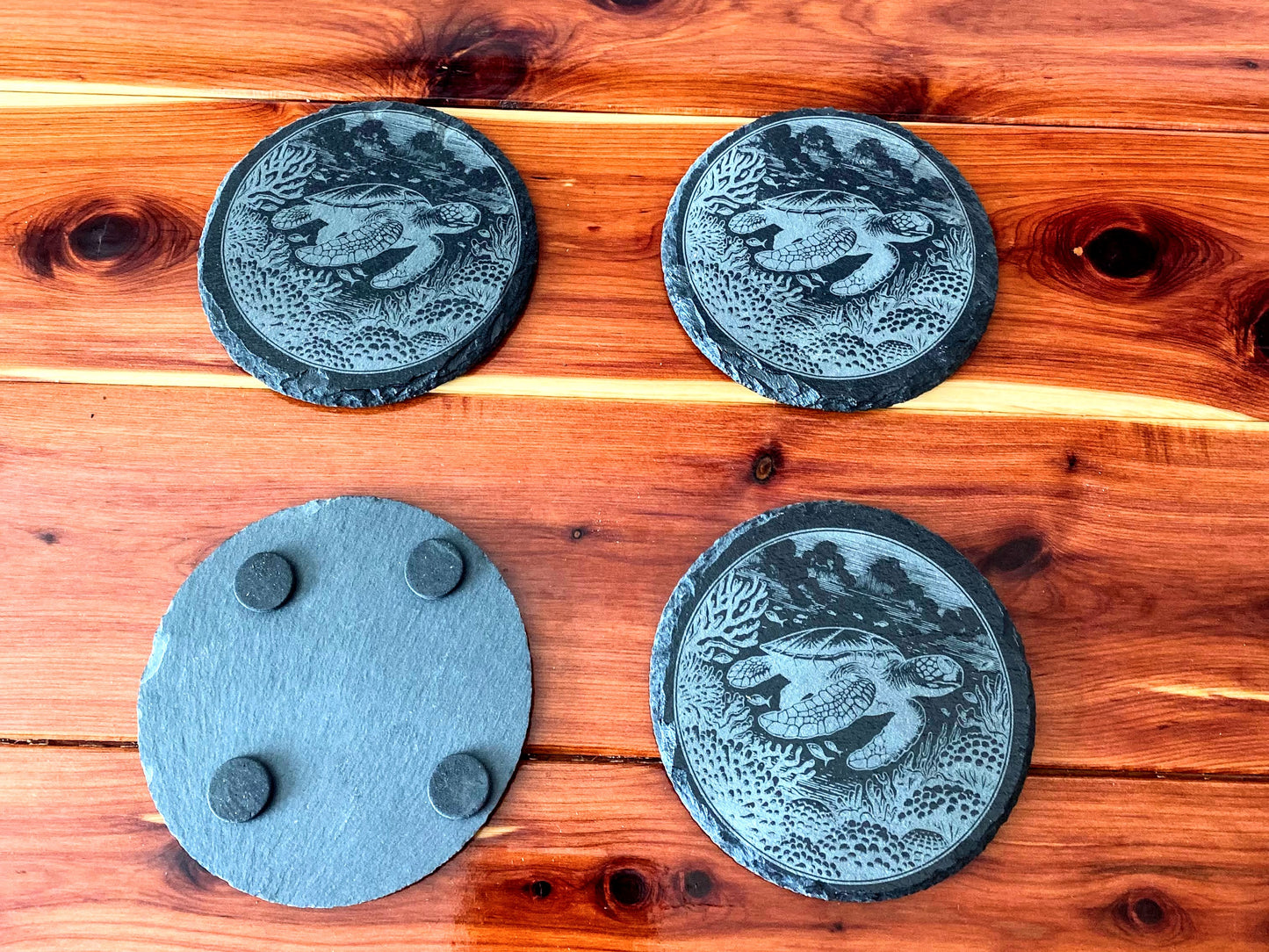 Black Slate Coasters Set - Sea Turtle and Ocean Imagery - Anti-Scratch