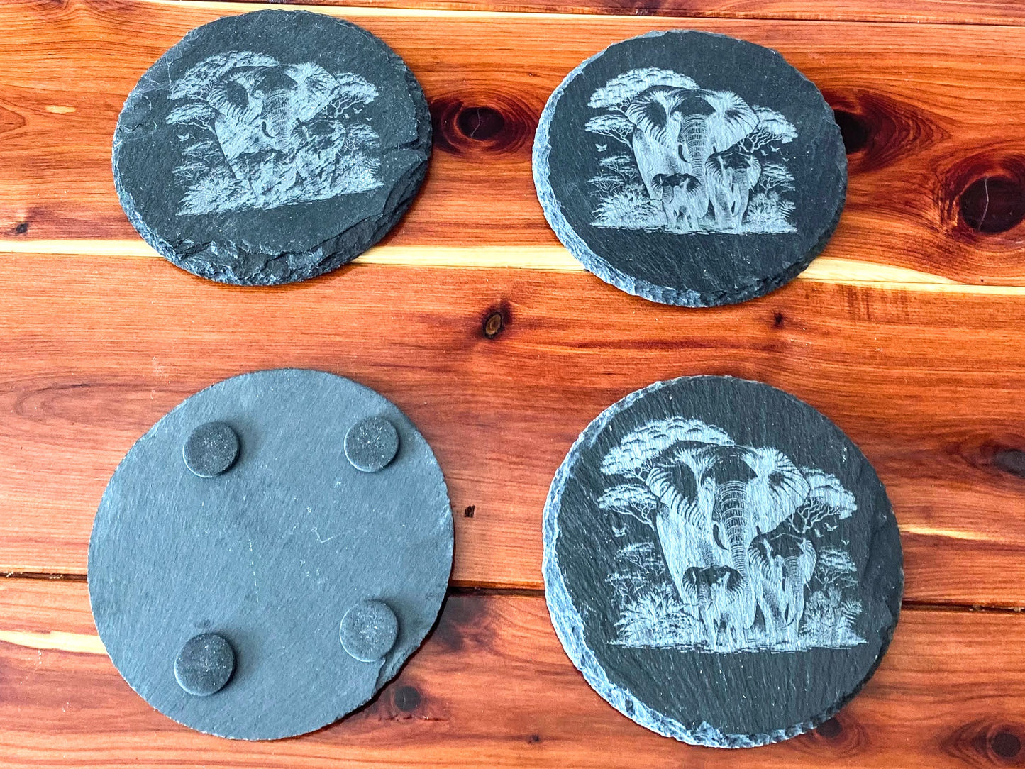 Black Slate Coasters Set - Elephant and Baby Elephants - Anti-Scratch