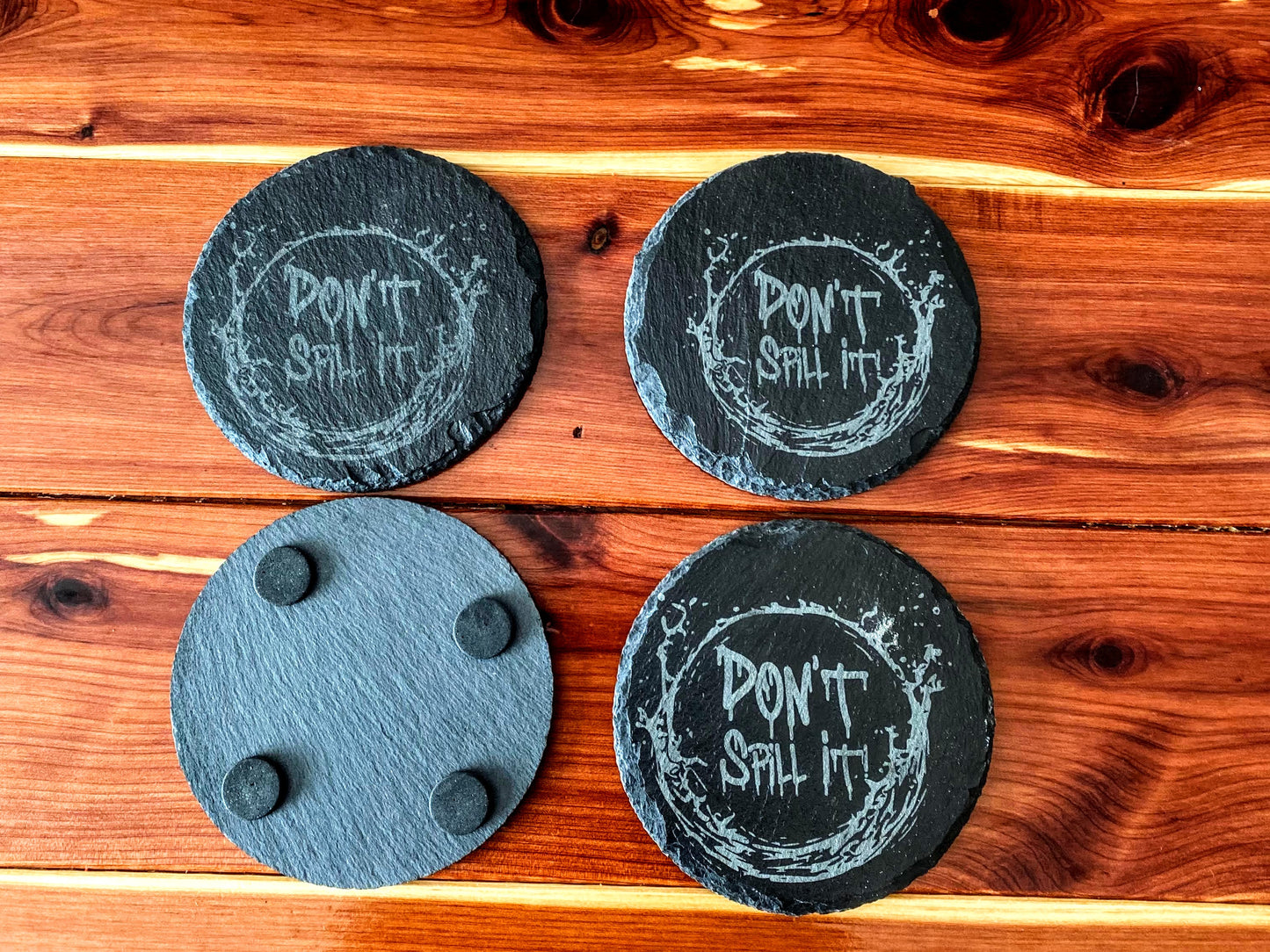 Black Slate Coasters Set - Don't Spill It - Anti-Scratch