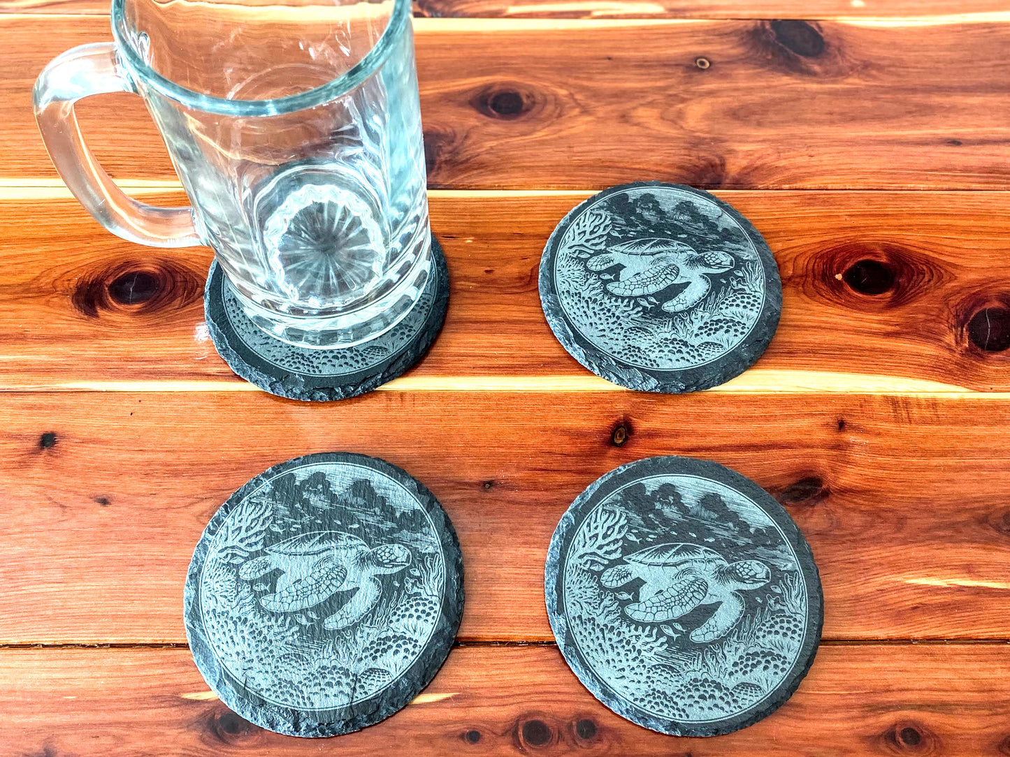 Black Slate Coasters Set - Sea Turtle and Ocean Imagery - Anti-Scratch