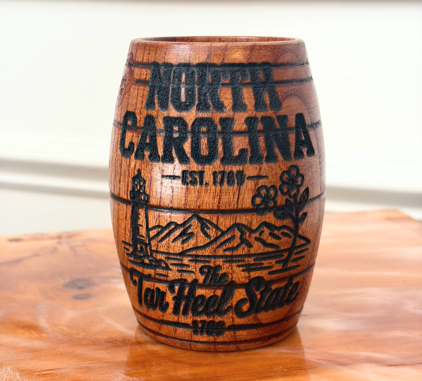 Wooden Barrel Shaped Mug - U.S. States Name and Imagery