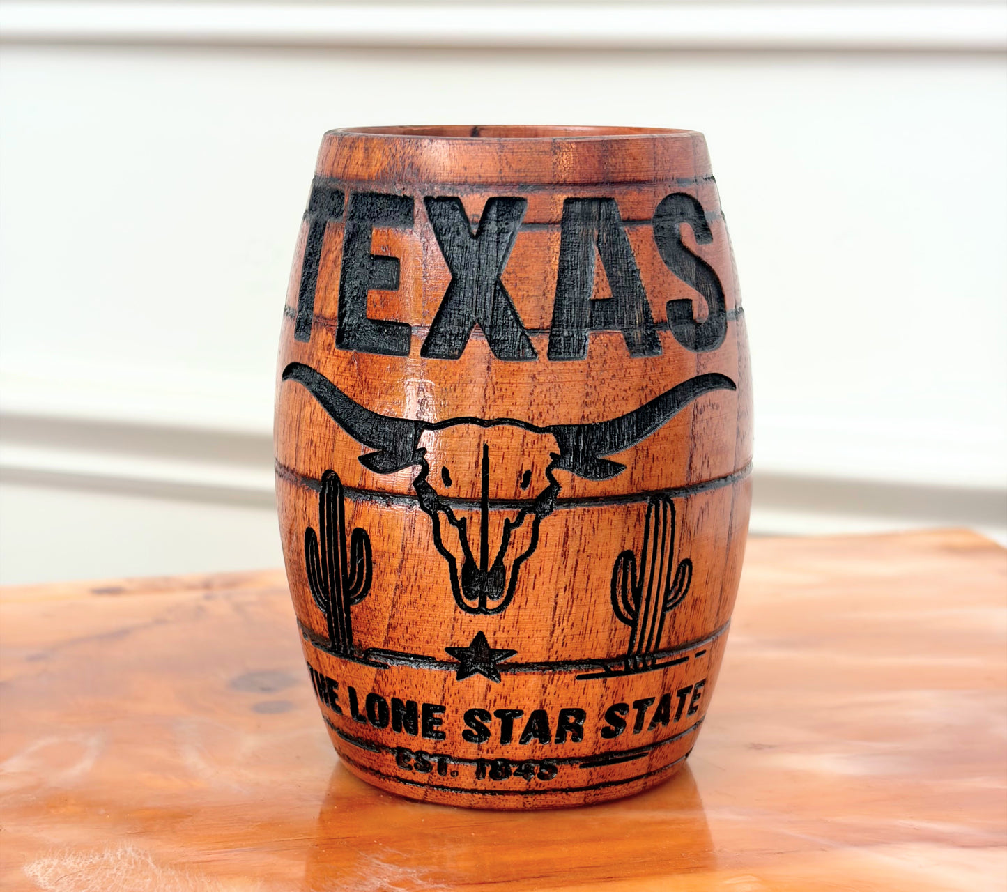 Wooden Barrel Shaped Mug - U.S. States Name and Imagery