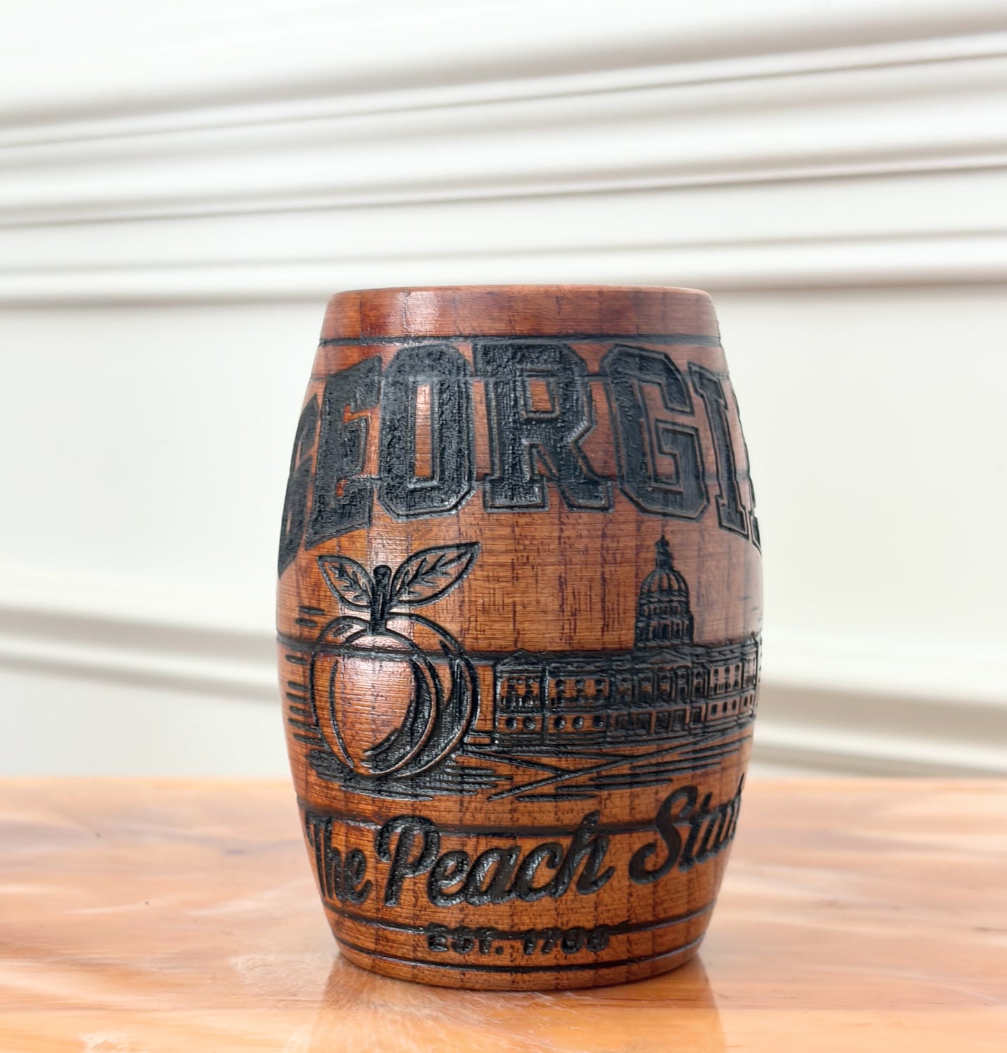 Wooden Barrel Shaped Mug - U.S. States Name and Imagery